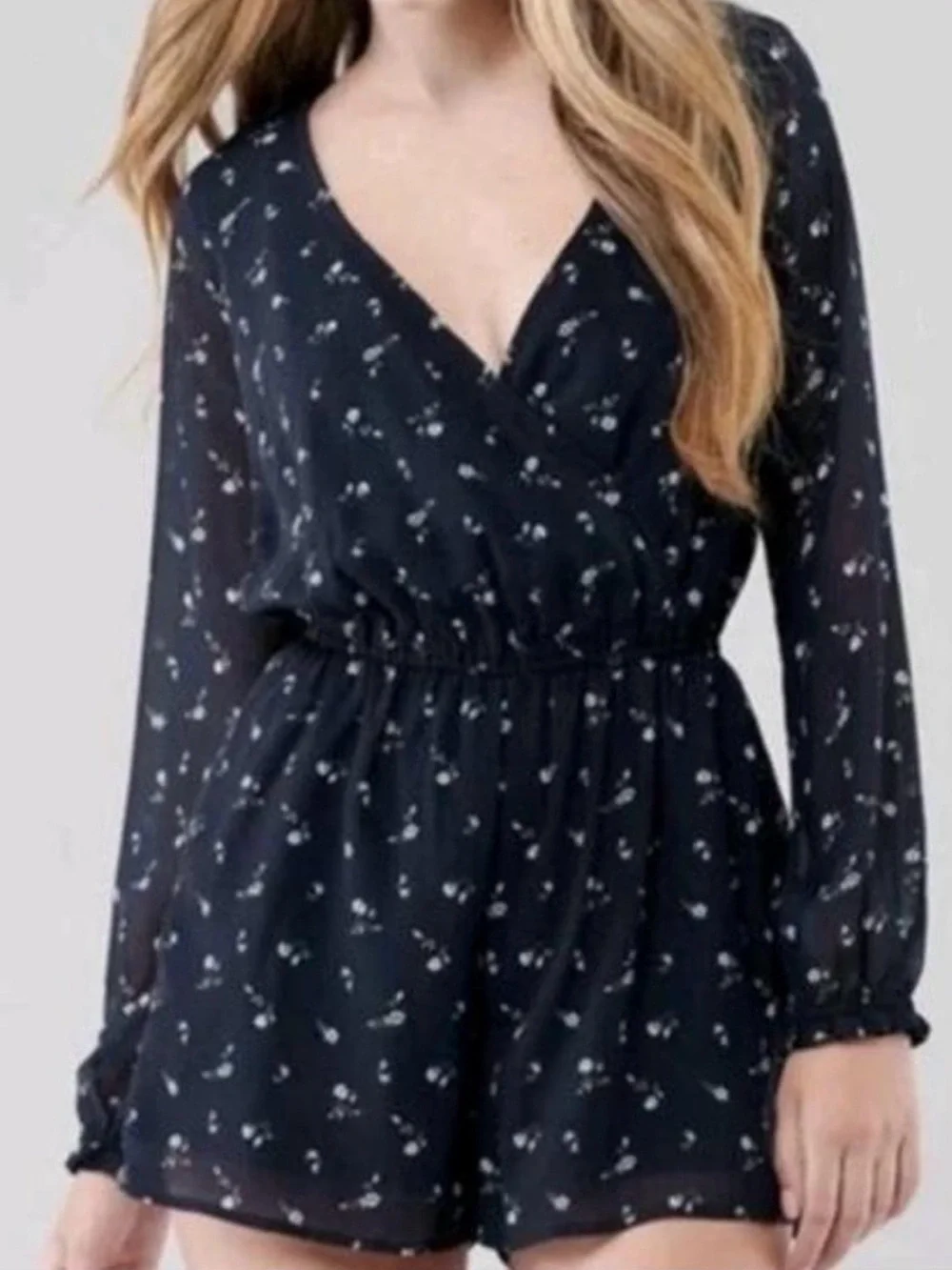 NWT Hollister Navy Floral Wrap Front Sheer Romper | Large
